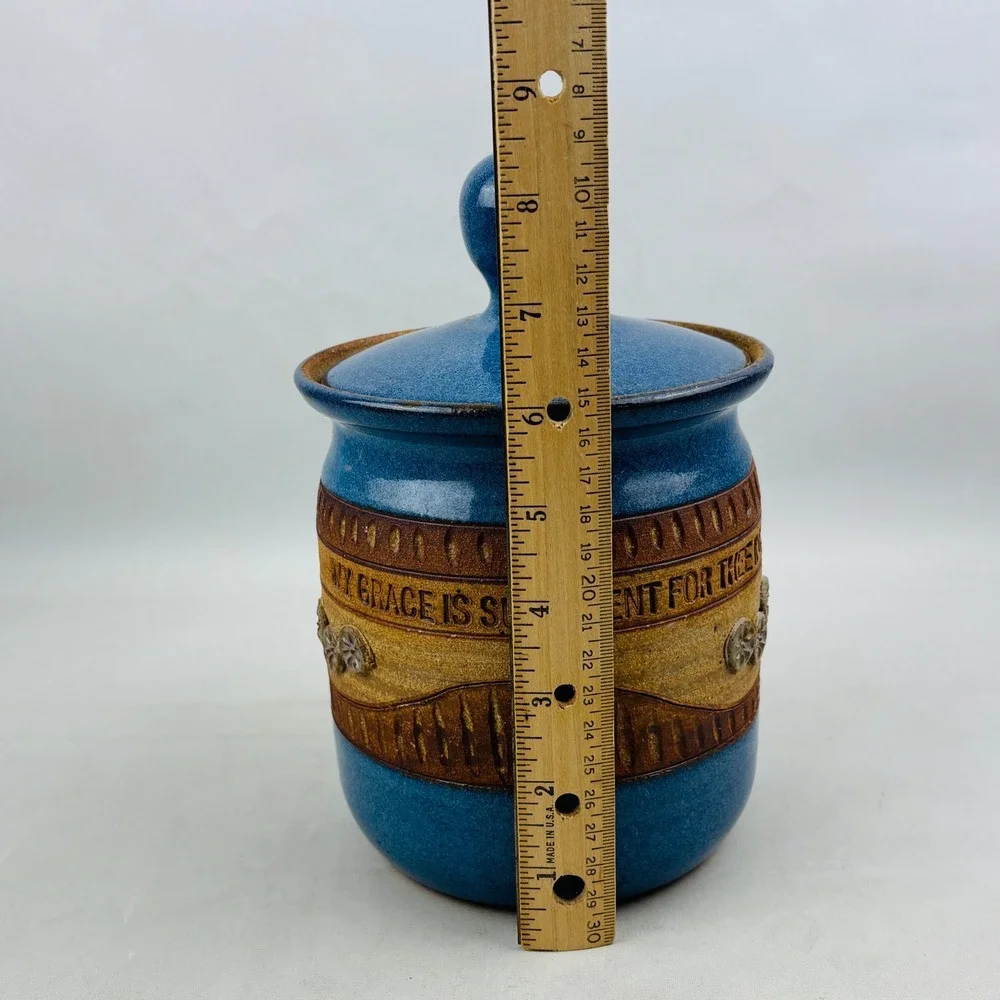 Down to Earth Pottery Canister Blue Stoneware My Grace Is Sufficient II Cor 12:9